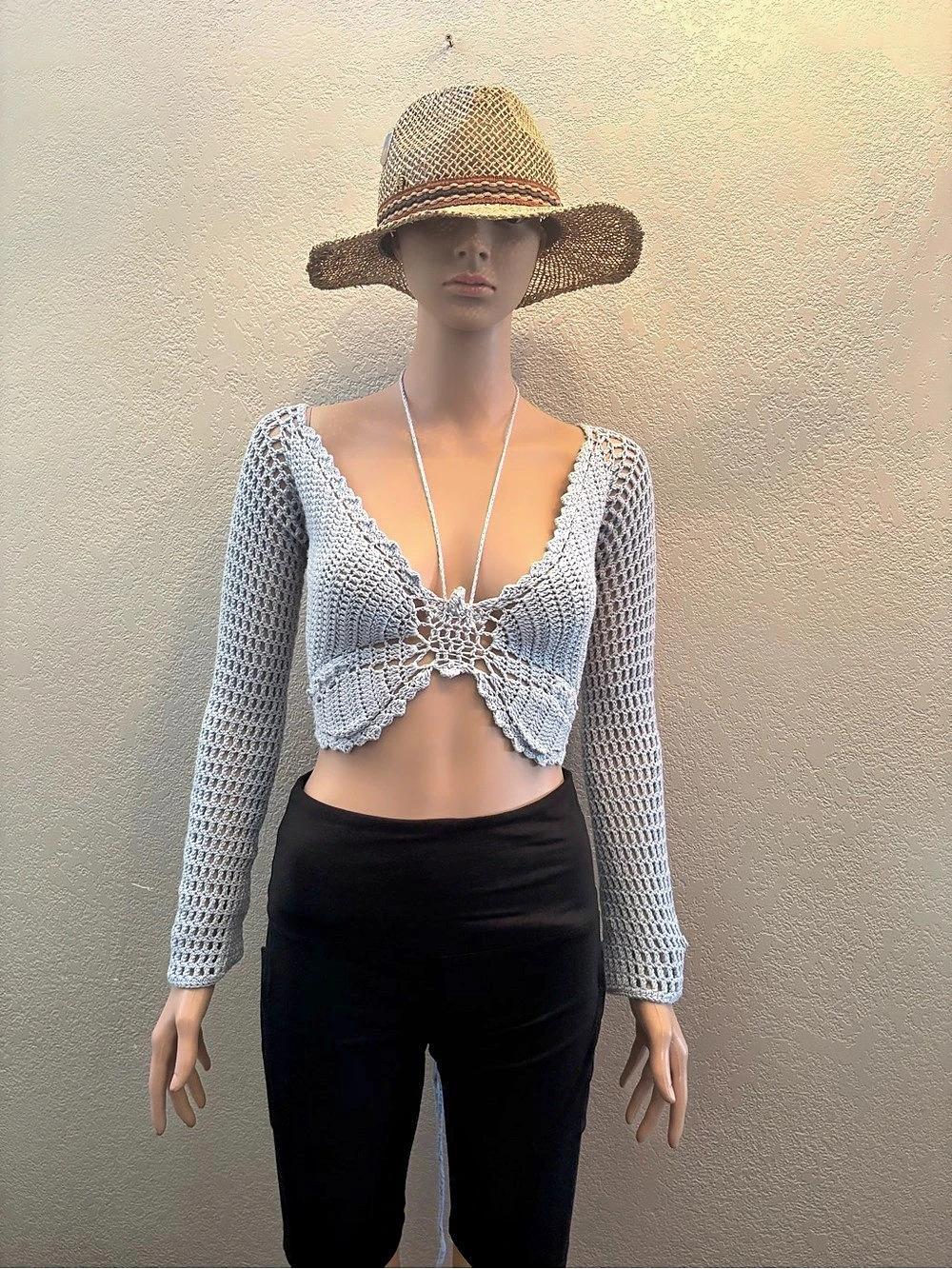 Crochet Open Back Butterfly Bralette Crop Top in Blue Like New
